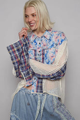 POL Floral Slit Back Plaid Patchwork Shirt Blue OutfitFlow