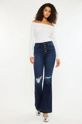 Kancan Button Fly High Rise Distressed Flare Jeans DARK OutfitFlow
