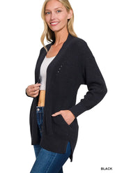 Zenana Eyelet Open Sweater Cardigan with Pockets BLACK OutfitFlow