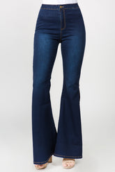 American Bazi Side Slit Flare Jeans DK Blue OutfitFlow