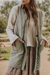 Button Up Pocketed Vest Coat Sage OutfitFlow