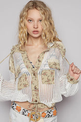 POL Vintage Washed Crochet Hoodie Jacket With Patchwork OFF WHITE OLIVE MULTI OutfitFlow