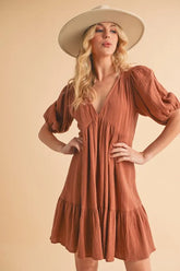 Tied Back Ruffled Short Sleeve Mini Dress TERRACOTTA OutfitFlow