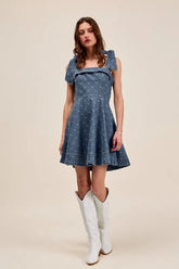 SO ME A Line Fit and Flare Diamond Bow Ribbon Denim Dres DENIM OutfitFlow