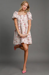 Umgee Heart Jacquard Square Neck Puff Sleeve Mini Dress Pink OutfitFlow