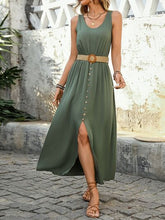 Perfee Decorative Button Slit Sleeveless Midi Dress Moss OutfitFlow