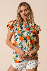 BiBi Multi Color Floral Print Woven Top CREAM OutfitFlow