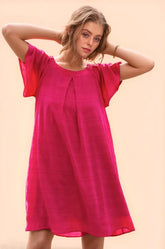 Davi & Dani Textured Ruffle Boat Neck Shift Dress Fuchsia OutfitFlow