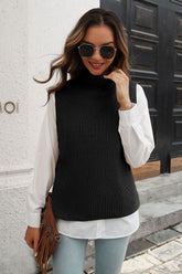 Ribbed Mock Neck Sleeveless Sweater Vest Black OutfitFlow