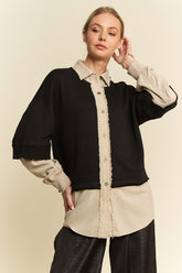 Davi & Dani Faux Layered French Terry Contrast Top Black OutfitFlow