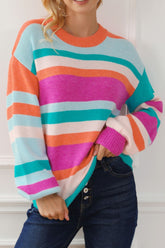 Striped Round Neck Drop Shoulder Sweater Stripe OutfitFlow