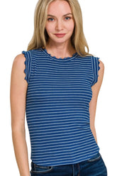 Zenana Ribbed Ruffle Trim Sleeveless Stripe Top LT NAVY WHITE OutfitFlow