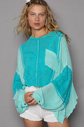 POL Round Neck Contrast High-Low Top Aqua OutfitFlow