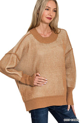 Zenana Exposed Seam Two Tone Ribbed Sweater DEEP CAMEL OutfitFlow