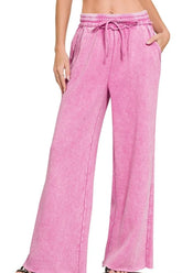Zenana Acid Wash Fleece Palazzo Sweatpants with Pockets MAUVE OutfitFlow