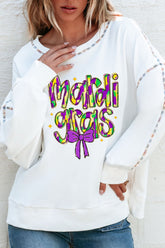 MARDI GRAS Round Neck Long Sleeve Sweatshirt White OutfitFlow