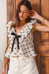 SO ME Bow Texture Jacquard Woven Top with Scallop and Tie IVORY OutfitFlow