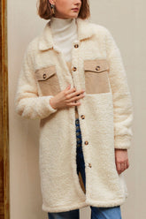 Collared Neck Long Sleeve Longline Teddy Jacket Beige OutfitFlow