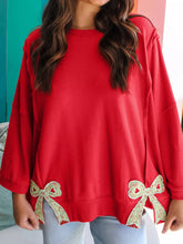 Floral Bow Patched Exposed Seam Patchwork Slit Baggy Sweatshirt Red Trendsi