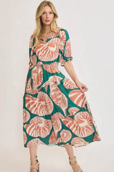 Umgee Full Size Printed Notched Puff Sleeve Midi Dress Plus Size GREEN CLAY OutfitFlow
