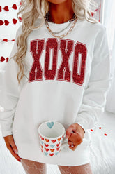Valentine’s Day XOXO Glitter Round Neck Sweatshirt White OutfitFlow