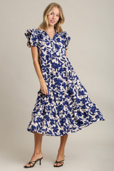 Umgee Full Size Floral Collared Ruffle Cap Sleeve Midi Dress Plus Size Navy OutfitFlow