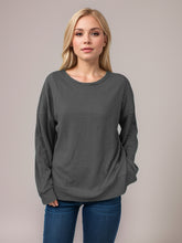 Side Slit Round Neck Long Sleeve T-Shirt Dark Gray OutfitFlow