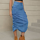 Drawstring Ruched Slit Denim Midi Skirt Denim OutfitFlow