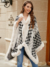 Fuzzy Checkered Long Sleeve Poncho Beige One Size OutfitFlow