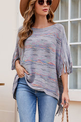 Round Neck Fringe Detail Sleeve Poncho Charcoal One Size OutfitFlow