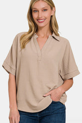 Zenana Texture Collared Neck Short Sleeve Top Ash Mocha OutfitFlow