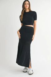 MABLE Pointelle Short Sleeve Crop Top and Slit Skirt Sweater Set Black OutfitFlow