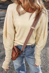 Waffle-Knit Round Neck Long Sleeve Top Beige OutfitFlow