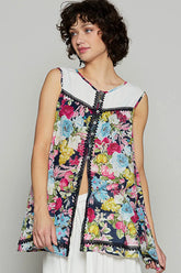 POL Lace Detail Floral Print Sleeveless Blouse Ivory OutfitFlow
