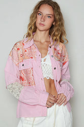POL Printed Woven Mix Raw Hem Jacket with Lace Detail Pink OutfitFlow