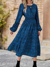 Smocked Round Neck Balloon Sleeve Midi Dress Dark Blue OutfitFlow