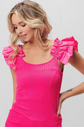 BiBi Ruffled Shoulder Strap Rib Texture Top Fuchsia OutfitFlow