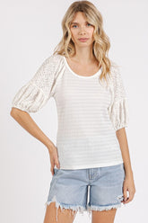 Mittoshop Mixed Media Textured Knit Popcorn Puff Sleeve Blouse Off White OutfitFlow