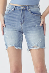 RISEN High Rise Distressed Denim Shorts Light OutfitFlow