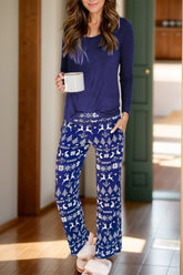 Round Neck Long Sleeve Top and Printed Pants Lounge Set Navy OutfitFlow