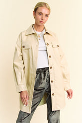 Davi & Dani Faux Leather Button Up Jacket with Chest Pockets BEIGE OutfitFlow