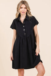 Mittoshop Twill Short Sleeve Collared Mini Dress BLACK OutfitFlow