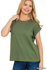 Zenana Cotton Modal Slub Rolled Sleeve T-Shirt ARMY GREEN OutfitFlow