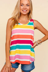 Haptics Round Neck Striped Knit Tank Fuchsia Emerald Yellow OutfitFlow