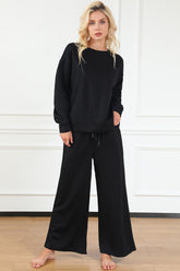 Double Take Full Size Textured Long Sleeve Top and Drawstring Pants Set Black OutfitFlow