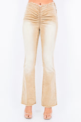 American Bazi V-Cut Ruched Flare Pants Tan OutfitFlow