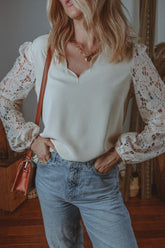 V Neck Lace Balloon Sleeve Blouse White OutfitFlow