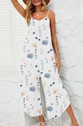 Shiny Printed Scoop Neck Wide Leg Jumpsuit White OutfitFlow