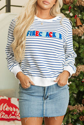 FIRECRACKER Striped Round Neck Long Sleeve Sweatshirt White OutfitFlow