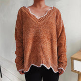V-Neck Drop Shoulder Long Sleeve Sweater Caramel OutfitFlow